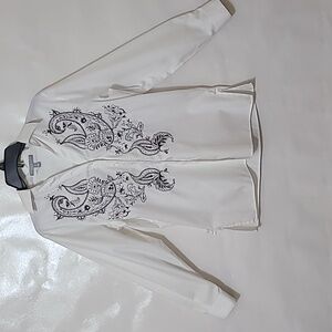 Foxcroft Women's White Western Blouse Black‎ Embroidery Long Sleeve - Size 8